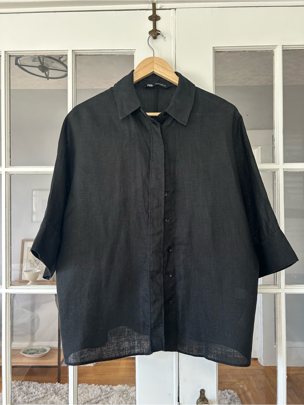 Zara Linen Short-Sleeve Button-Up Shirt Size S (oversize)